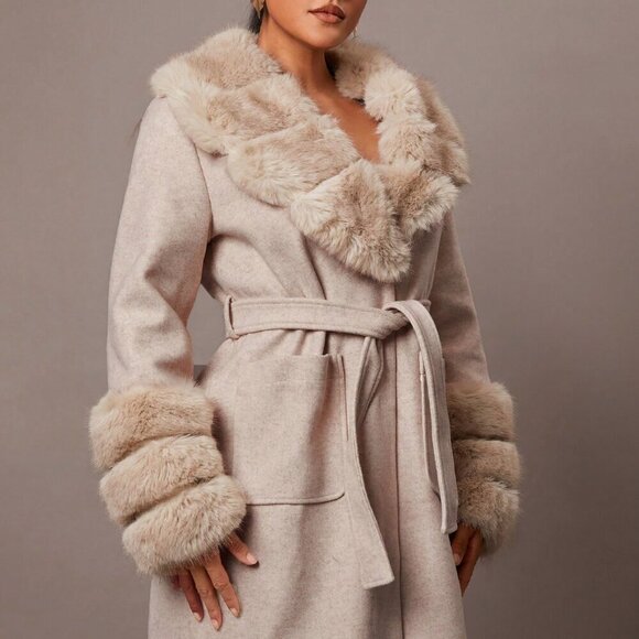 Khaki Elegant Womens Warm faux Fur trimmed belted Jacket  Coat - Picture 5 of 7